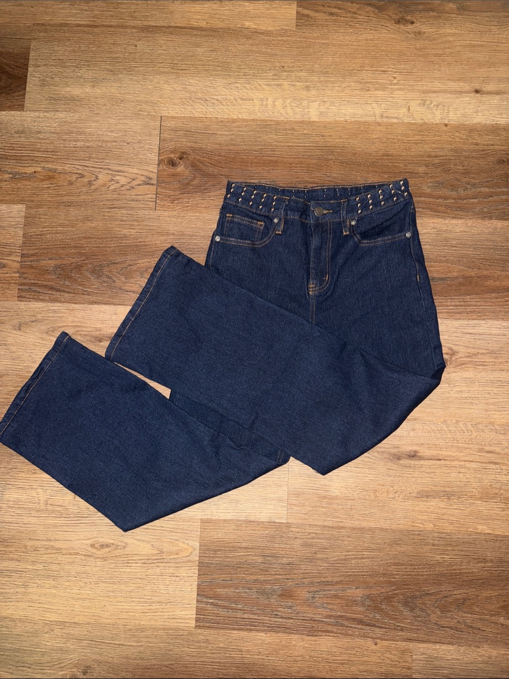 Vigoss Navy Straight Leg High-Rise Jeans with Studded Waist